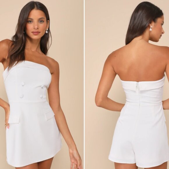 Upscale Pose White Button-Front Strapless Romper - Picture 1 of 1